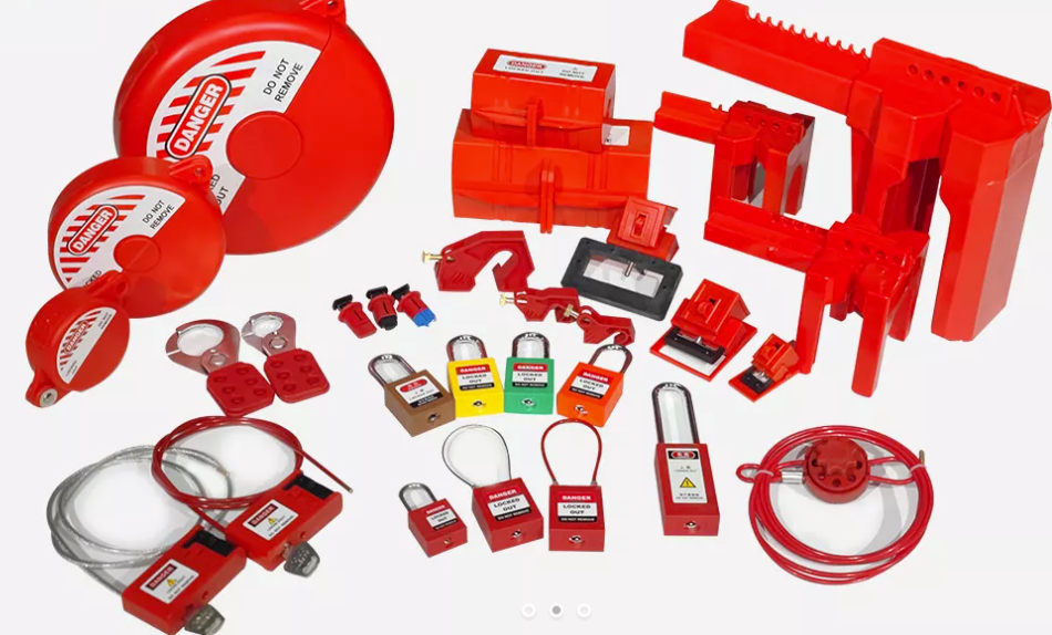  A lockout station displaying various lockout/tagout devices organized for safety and easy access during maintenance operations.